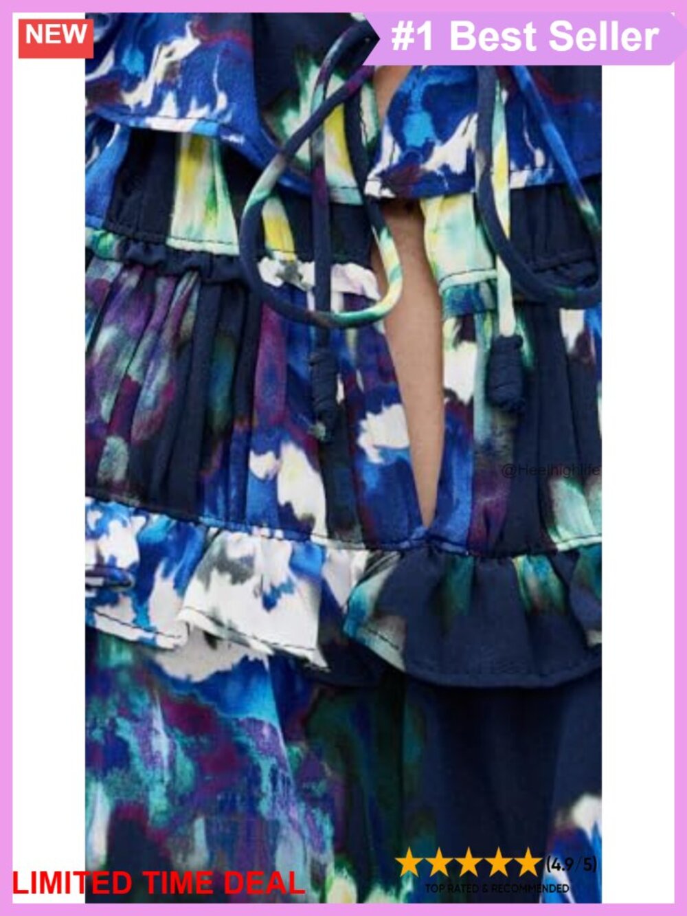 Silk Charmeuse Floral Ruffle Gathered Blouse Drawstring Short Flutter Sleeve - Picture 5 of 5